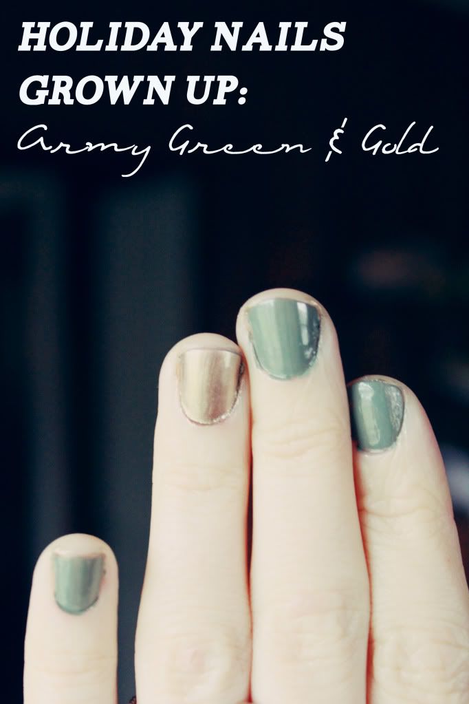 We Live Upstairs Holiday nails grown up: army green gold