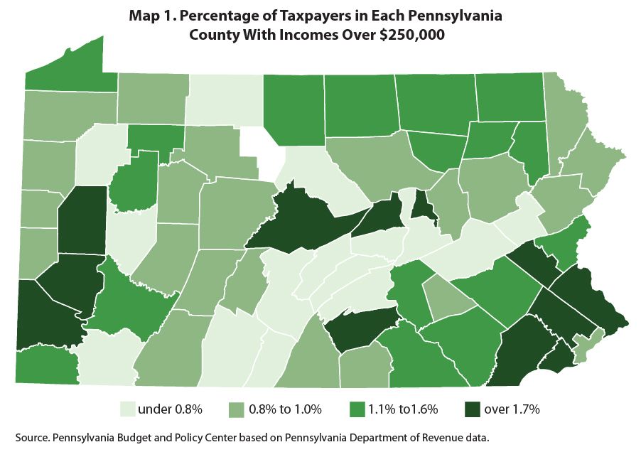 Map 1. Percentage of Taxpayers in Each PA County with Incomes Over $250,000
