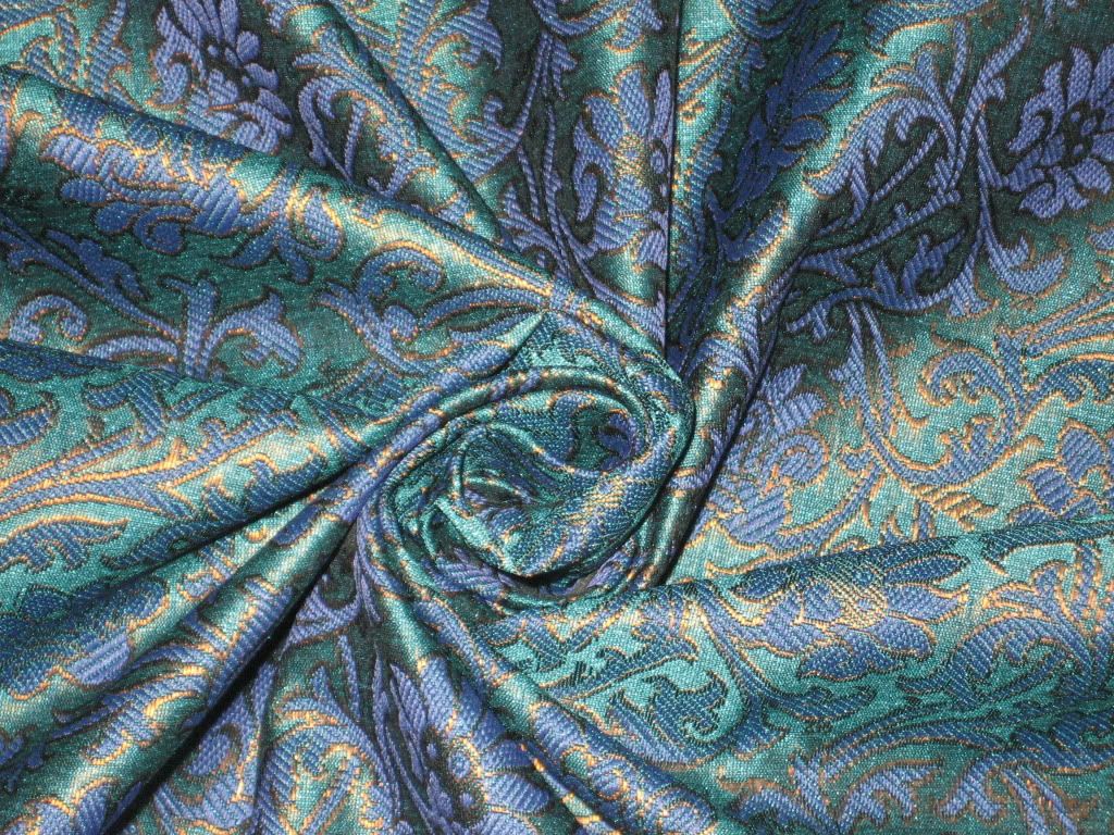 Spun Silk Brocade Fabric Blue,Green & Metallic Bronze 44"