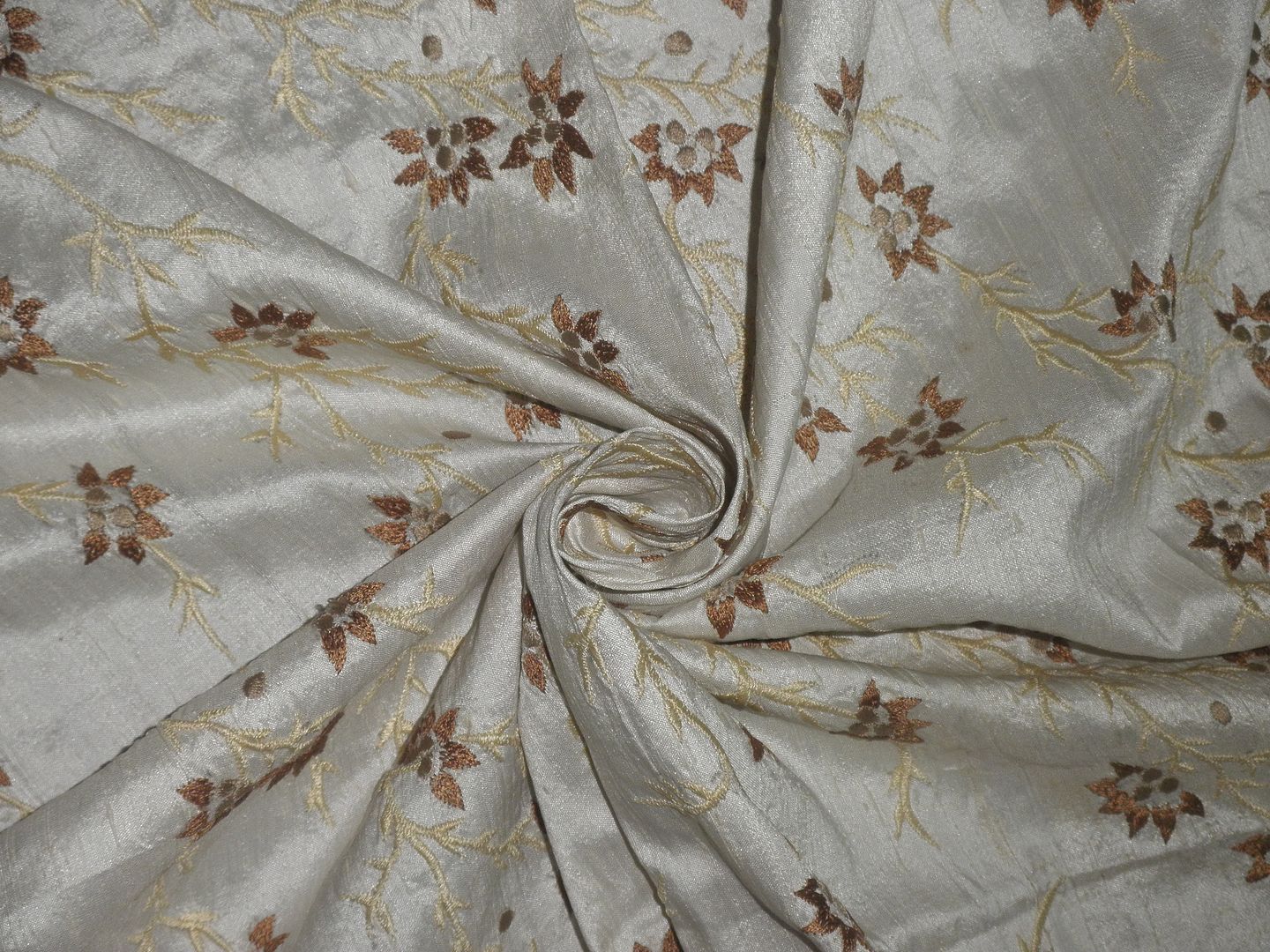 Pretty Ivory SILK DUPIONI Fabric with floral Embroidery