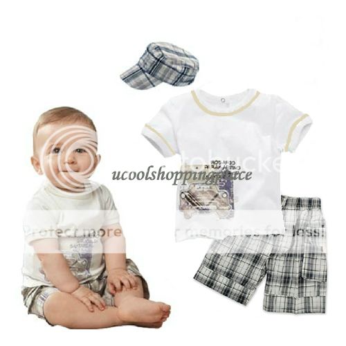 3pcs Kid Toddler Baby Boy T Shirt Hat Top Pants Shorts Outfit Clothes Set Plaid